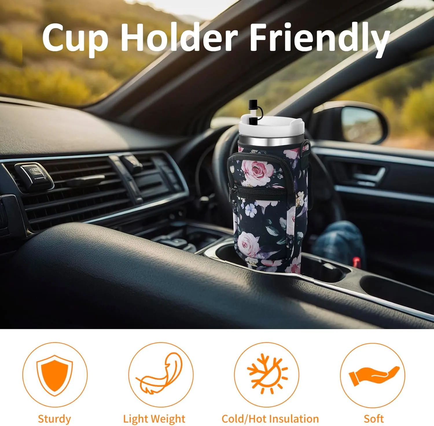 Water Bottle Carrier Bag with Paracord Handle for Stanley 40/30 oz Tumbler Neoprene Insulated Mug Sleeve Pouch with 2 Pockets & Adjustable Strap & Straw Cover for Stanley Cup Accessories