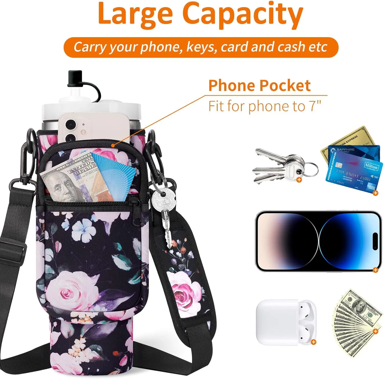 Water Bottle Carrier Bag with Paracord Handle for Stanley 40/30 oz Tumbler Neoprene Insulated Mug Sleeve Pouch with 2 Pockets & Adjustable Strap & Straw Cover for Stanley Cup Accessories