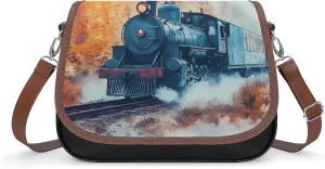 Watercolor Vintage Steam Train Crossbody Bags for Women Shoulder Bag Flap Handbags Leather Cross Body Purse