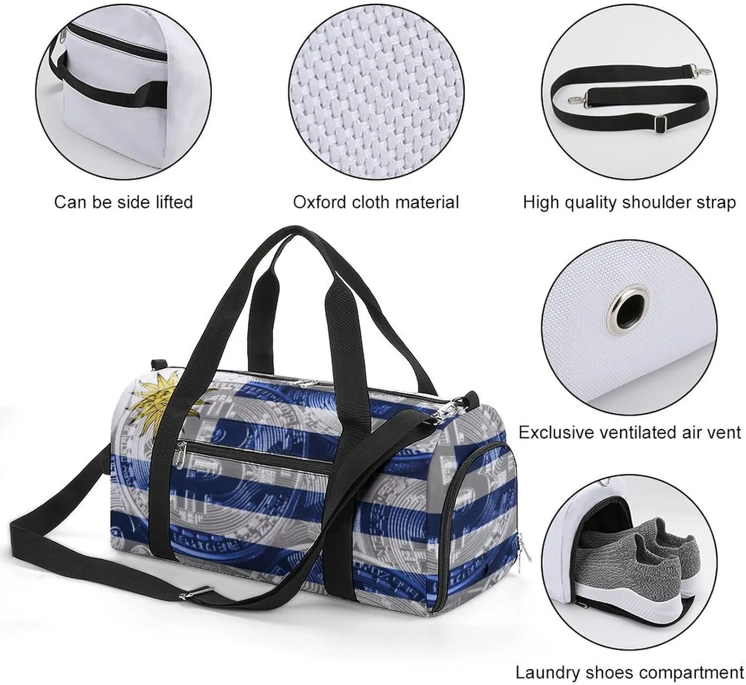 Waterproof Uruguay Flag Bitcoin Duffel Bag with Shoe Compartment Gym Travel Yoga