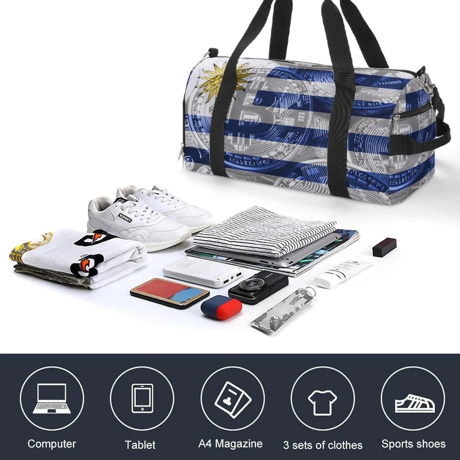 Waterproof Uruguay Flag Bitcoin Duffel Bag with Shoe Compartment Gym Travel Yoga
