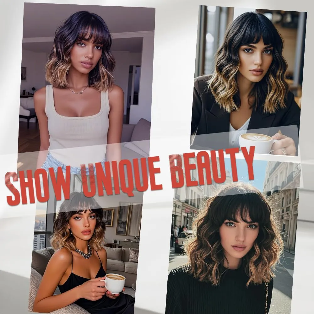 WAVE&BREEZE Short Brown Wigs with Bangs 14Inch Ombre Brown Curly Bob Wig for Women Shoulder Length Natural Looking Hair Replacement Wig for Daily Party Use Cosplay Costume Halloween Wig