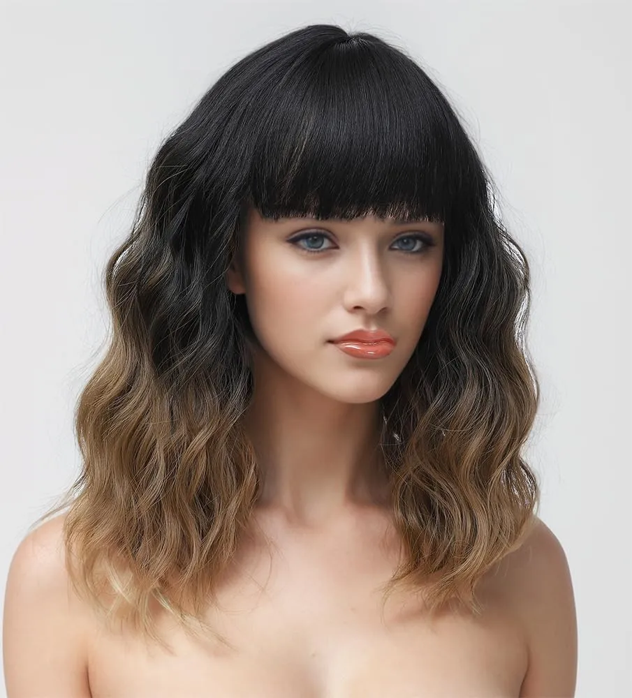 WAVE&BREEZE Short Brown Wigs with Bangs 14Inch Ombre Brown Curly Bob Wig for Women Shoulder Length Natural Looking Hair Replacement Wig for Daily Party Use Cosplay Costume Halloween Wig