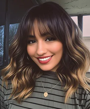 WAVE&BREEZE Short Brown Wigs with Bangs 14Inch Ombre Brown Curly Bob Wig for Women Shoulder Length Natural Looking Hair Replacement Wig for Daily Party Use Cosplay Costume Halloween Wig