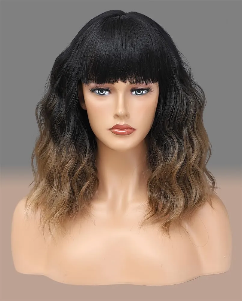 WAVE&BREEZE Short Brown Wigs with Bangs 14Inch Ombre Brown Curly Bob Wig for Women Shoulder Length Natural Looking Hair Replacement Wig for Daily Party Use Cosplay Costume Halloween Wig