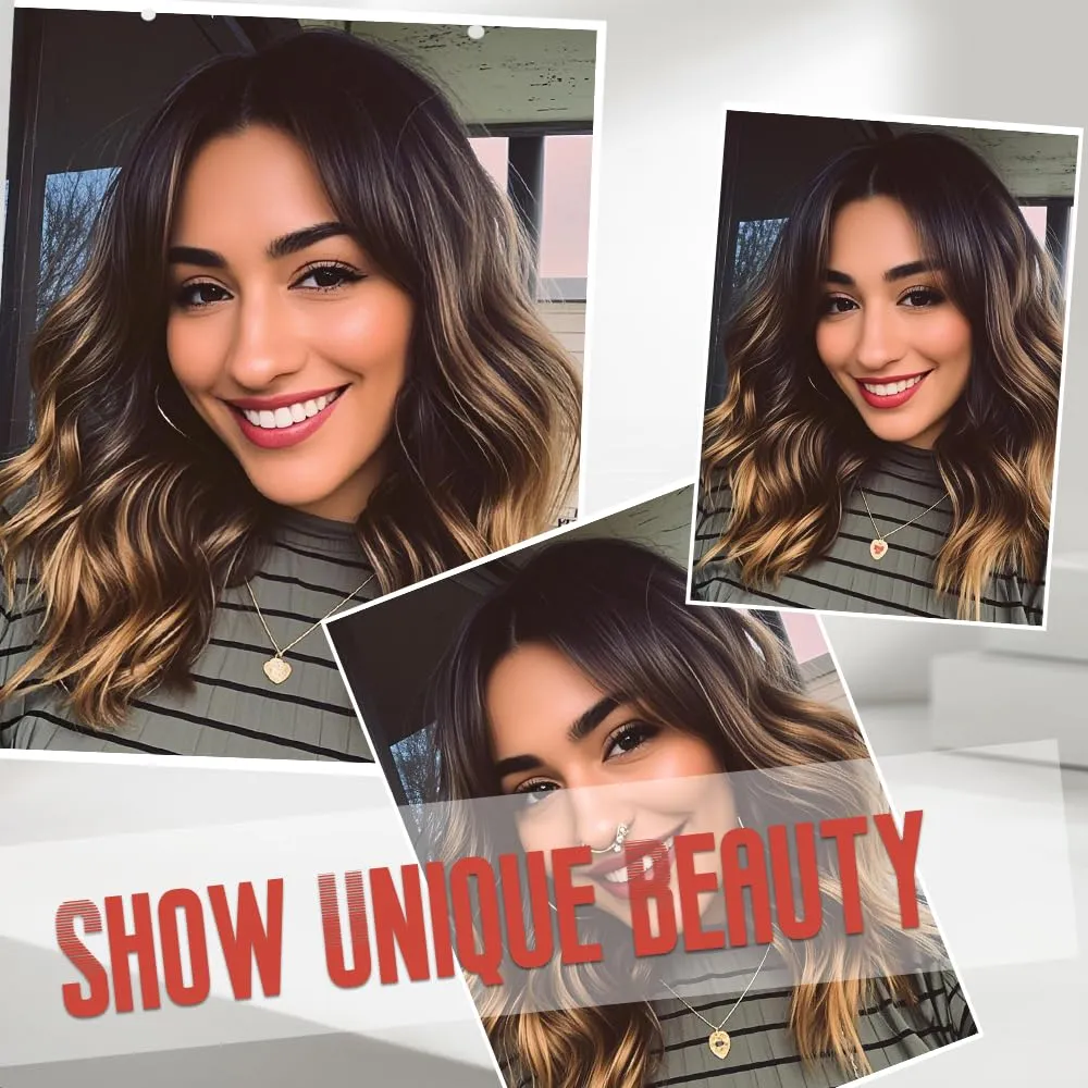 WAVE&BREEZE Short Brown Wigs with Bangs 14Inch Ombre Brown Curly Bob Wig for Women Shoulder Length Natural Looking Hair Replacement Wig for Daily Party Use Cosplay Costume Halloween Wig