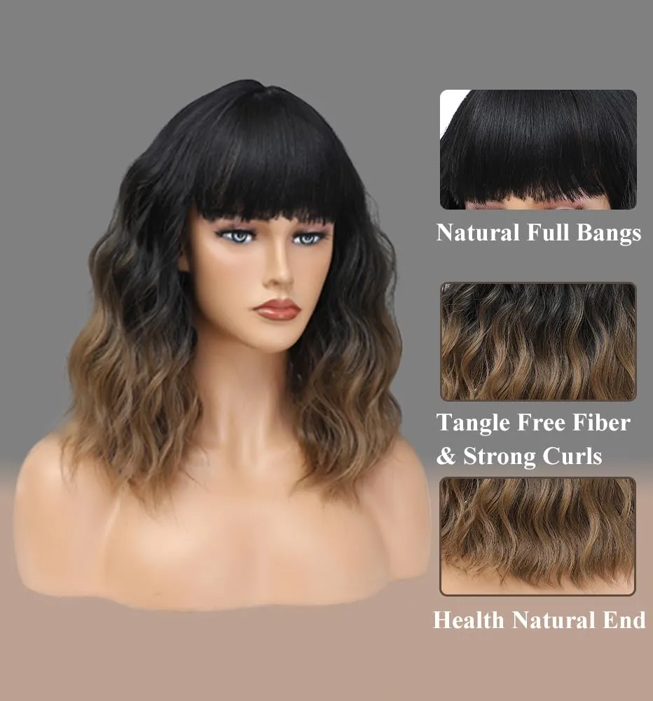 WAVE&BREEZE Short Brown Wigs with Bangs 14Inch Ombre Brown Curly Bob Wig for Women Shoulder Length Natural Looking Hair Replacement Wig for Daily Party Use Cosplay Costume Halloween Wig