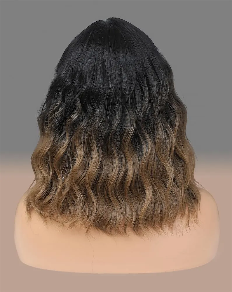 WAVE&BREEZE Short Brown Wigs with Bangs 14Inch Ombre Brown Curly Bob Wig for Women Shoulder Length Natural Looking Hair Replacement Wig for Daily Party Use Cosplay Costume Halloween Wig
