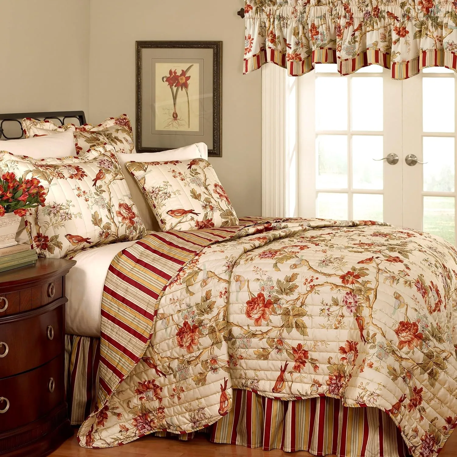 Waverly Charleston Chirp Modern Farmhouse Floral 4-Piece Reversible Quilt Bedspread Set, King, Papaya