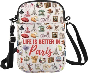 WCGXKO Paris Souvenir Crossbody Bag Paris Themed Gift Life Is Better in Paris Paris Culture Gift for Paris Lover