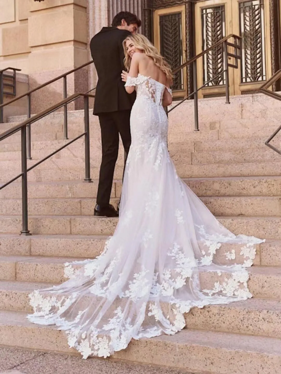 Wchecalino Off Shoulder Satin Wedding Dresses for Bride Long A Line Simple Beach Bridal Gowns