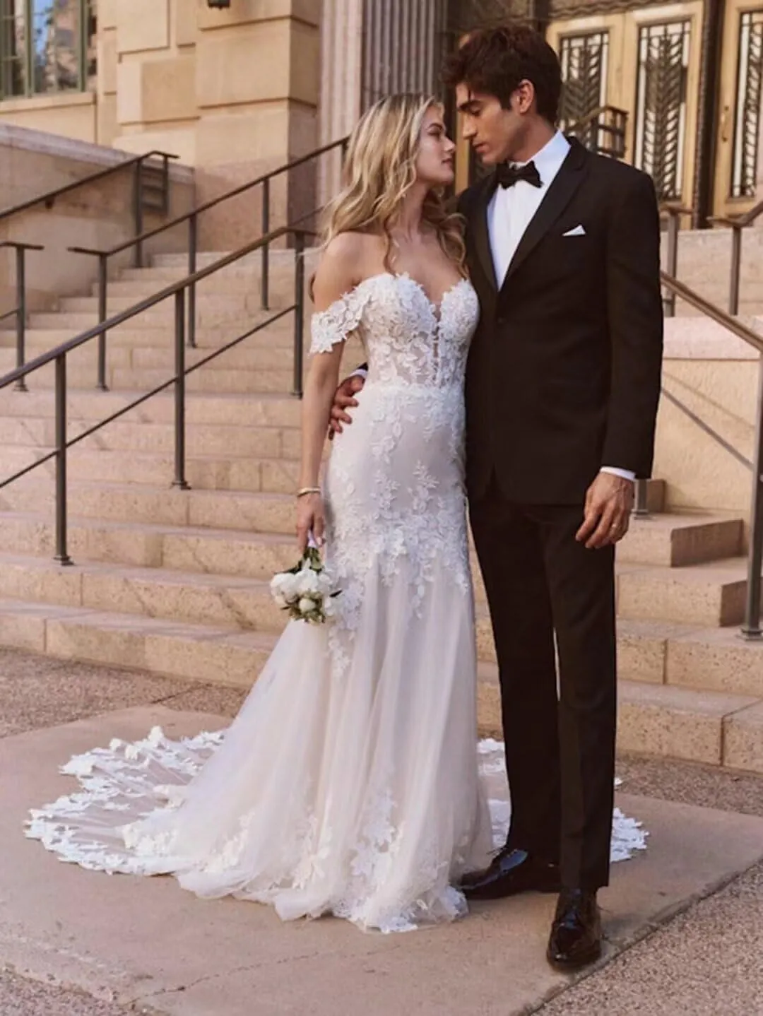 Wchecalino Off Shoulder Satin Wedding Dresses for Bride Long A Line Simple Beach Bridal Gowns