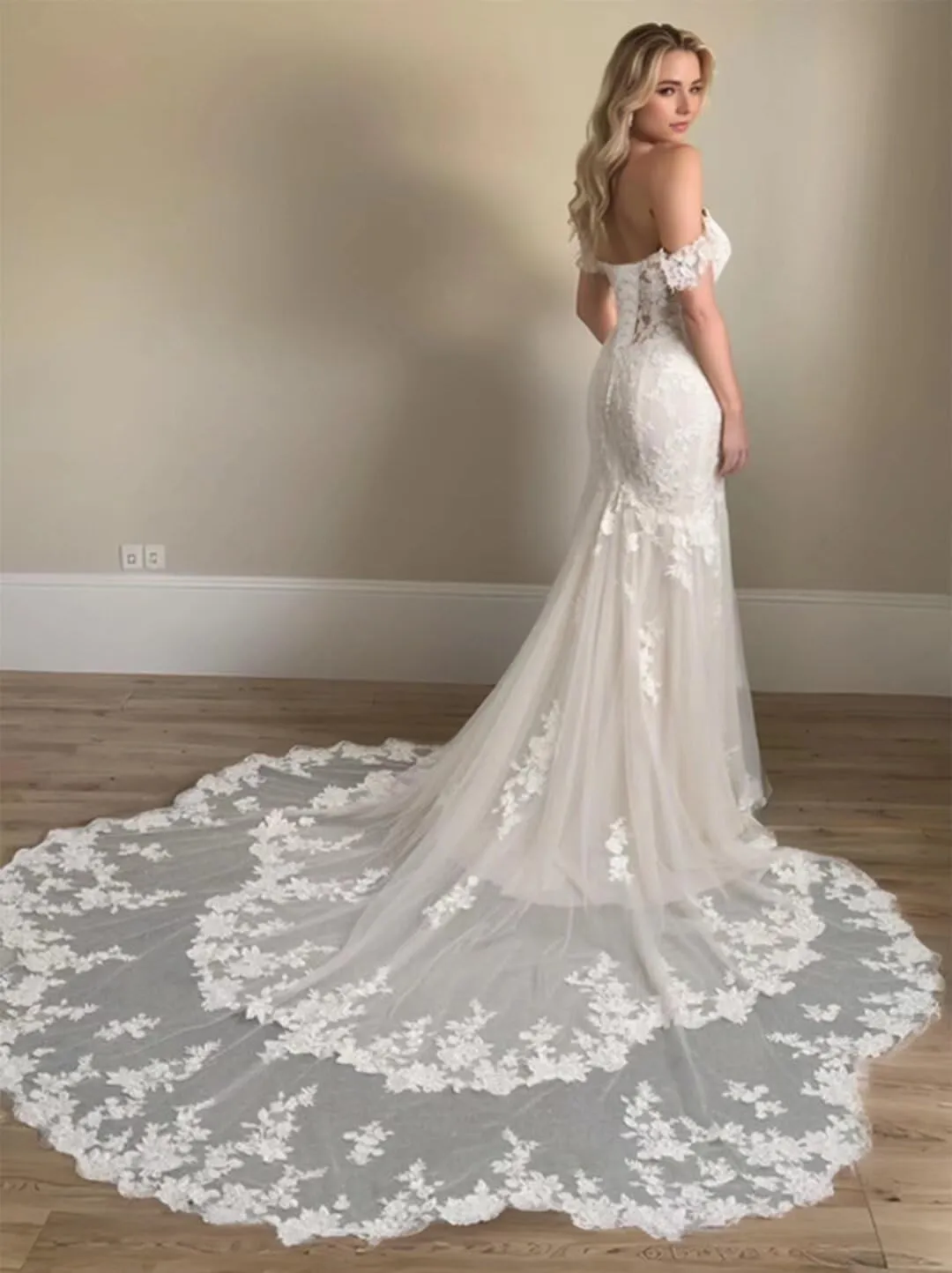 Wchecalino Off Shoulder Satin Wedding Dresses for Bride Long A Line Simple Beach Bridal Gowns