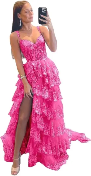 Wchecalino Sparkly Tiered Lace Tulle Prom Dresses Long 2025 Spaghetti Straps Formal Corset Evening Gown with Slit