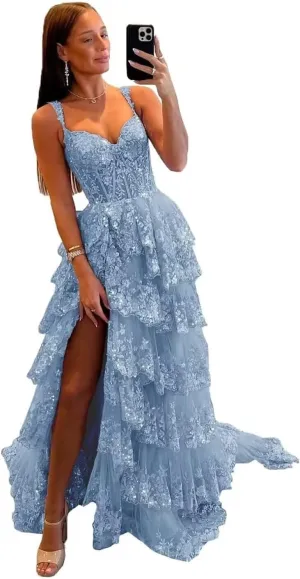 Wchecalino Sparkly Tiered Lace Tulle Prom Dresses Long 2025 Spaghetti Straps Formal Corset Evening Gown with Slit