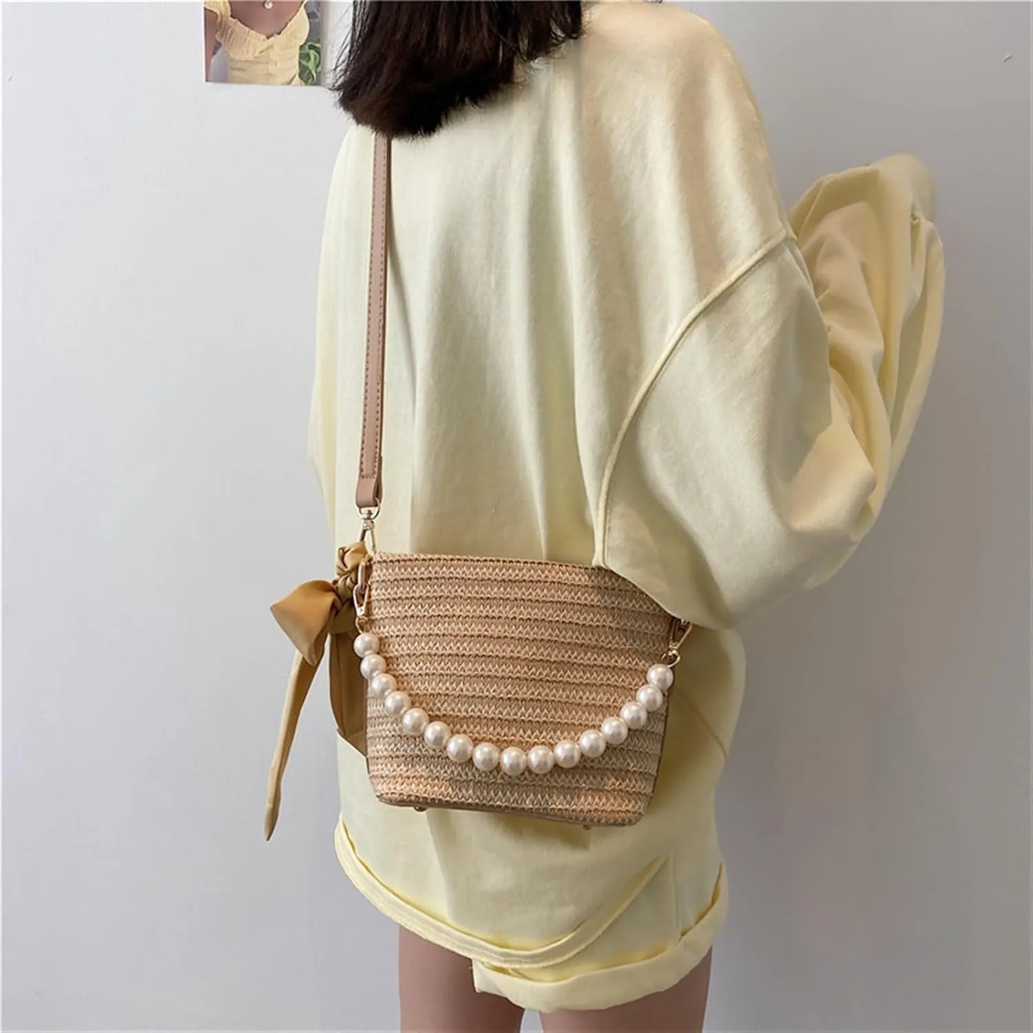 Weaving Messenger Bag Women's Bag Summer Laser Bow Pearl Raised Straw Bag (Color : White)