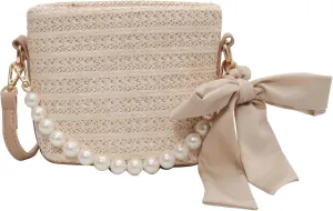 Weaving Messenger Bag Women's Bag Summer Laser Bow Pearl Raised Straw Bag (Color : White)