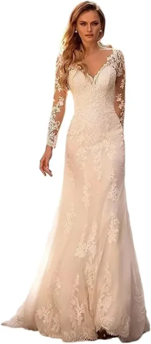 Wedding Dresses for Bride 2024 Boho Beach Lace Appliques Mermaid Beaded V Neck Bridal Gown for Women with Train