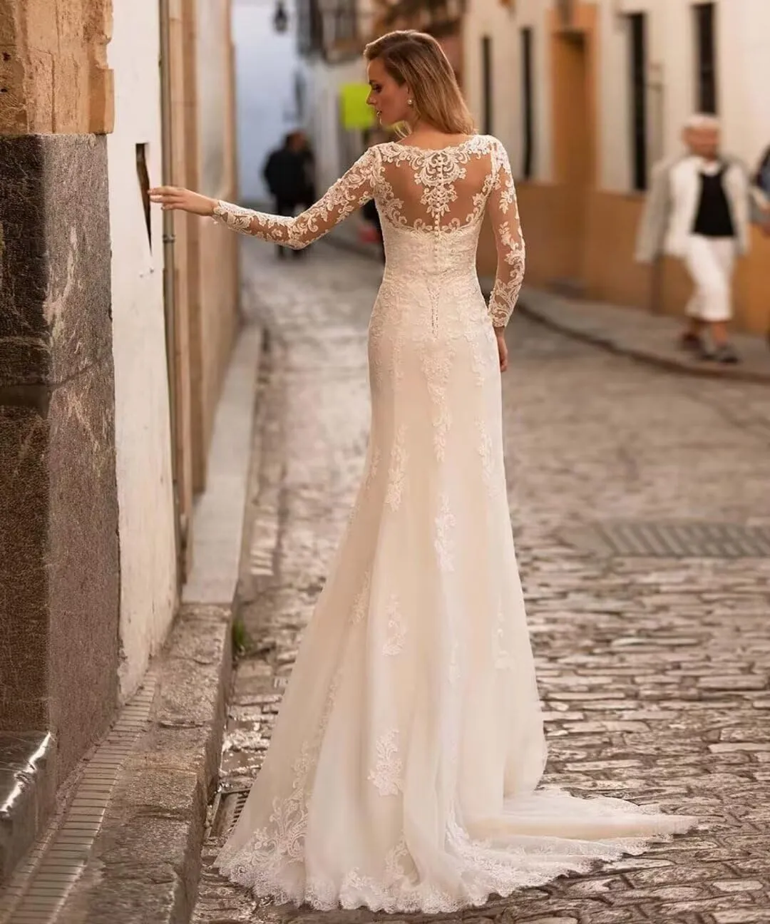 Wedding Dresses for Bride 2024 Boho Beach Lace Appliques Mermaid Beaded V Neck Bridal Gown for Women with Train