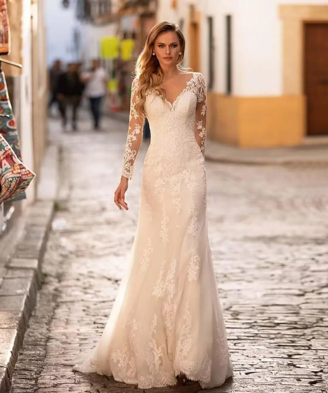 Wedding Dresses for Bride 2024 Boho Beach Lace Appliques Mermaid Beaded V Neck Bridal Gown for Women with Train
