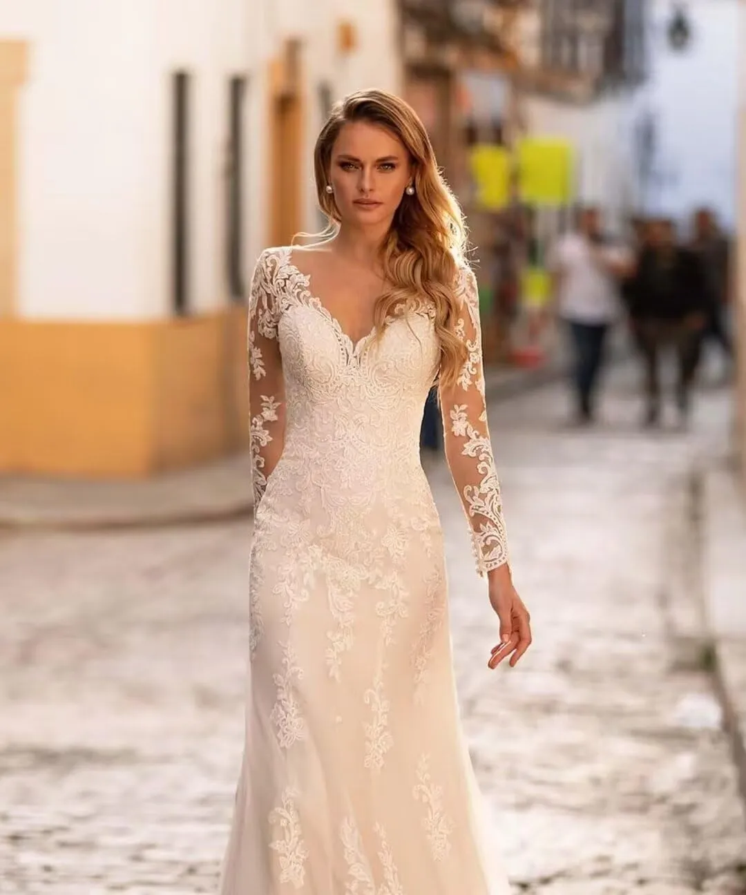 Wedding Dresses for Bride 2024 Boho Beach Lace Appliques Mermaid Beaded V Neck Bridal Gown for Women with Train