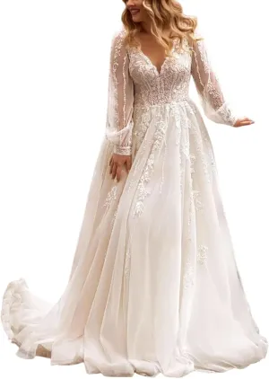 Wedding Dresses for Bride Long Lace Applique Tulle Bridal Gown Boho Beach Wedding Dress