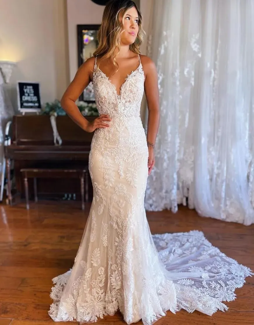 Wedding Dresses for Bride Long Lace Applique Tulle Bridal Gown Boho Beach Wedding Dress