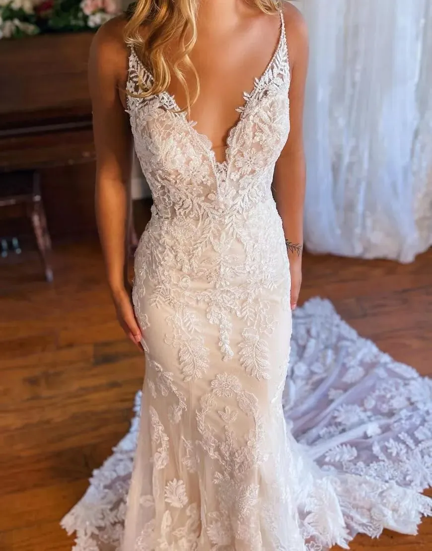 Wedding Dresses for Bride Long Lace Applique Tulle Bridal Gown Boho Beach Wedding Dress