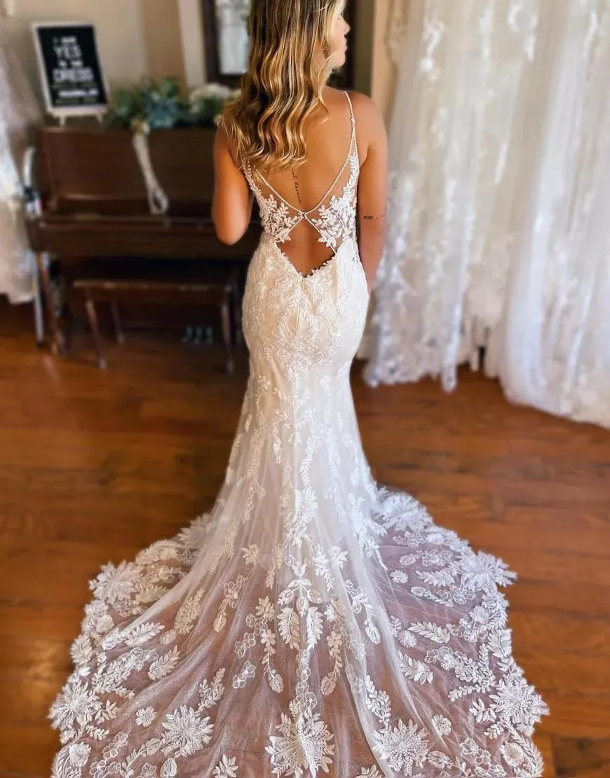 Wedding Dresses for Bride Long Lace Applique Tulle Bridal Gown Boho Beach Wedding Dress
