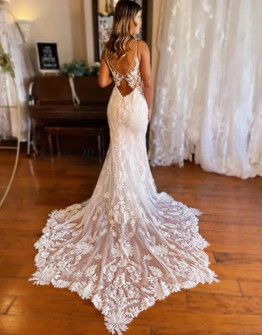 Wedding Dresses for Bride Long Lace Applique Tulle Bridal Gown Boho Beach Wedding Dress