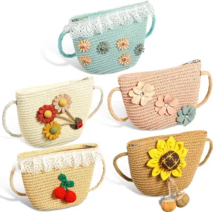 Weewooday 5 Pieces Little Girls Straw Purses Easter Sunflower Straw Shoulder Crossbody Bag Cute Shoulder Girlish Woven Bag for Outdoor Activities, 5 Styles