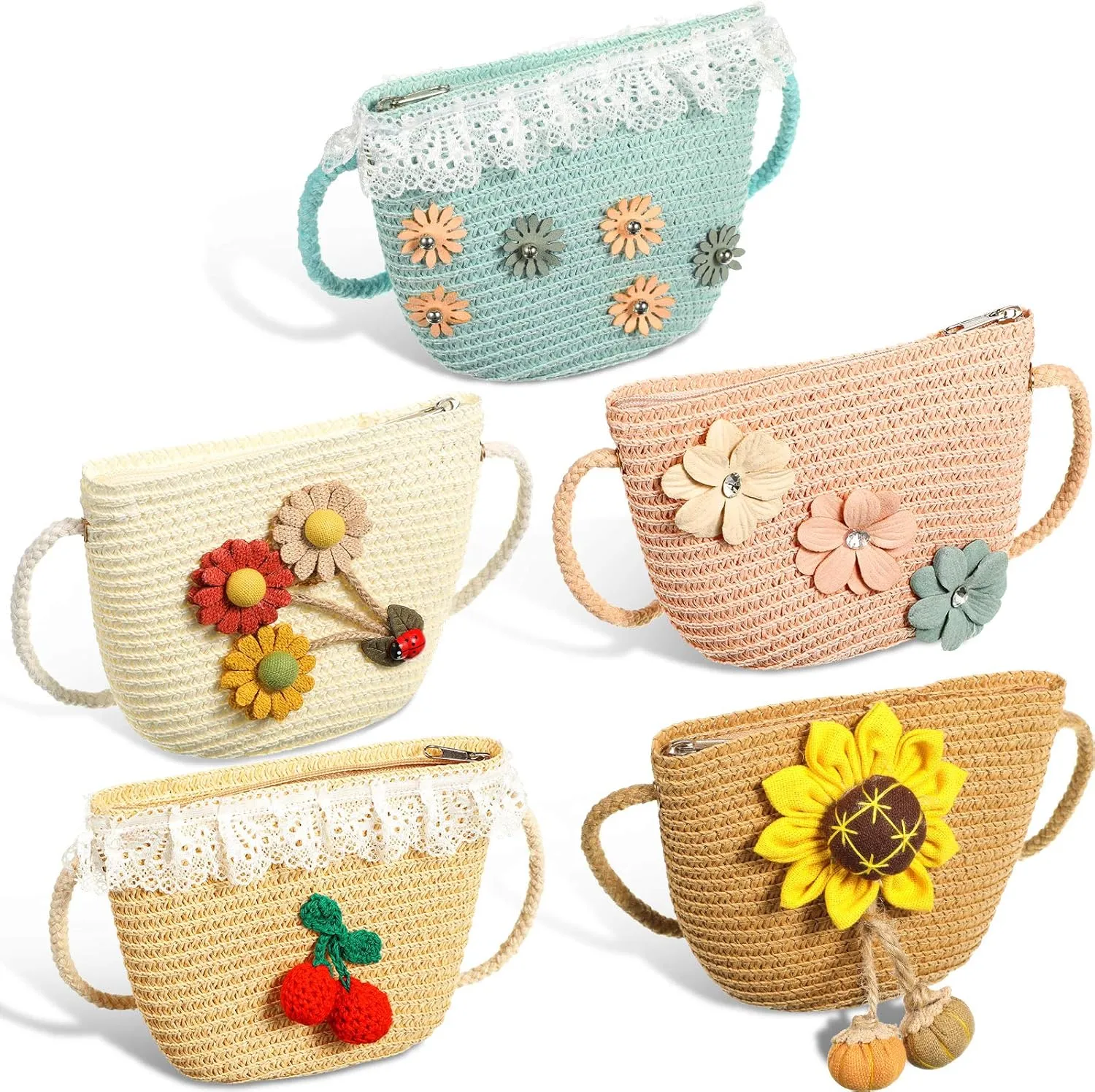 Weewooday 5 Pieces Little Girls Straw Purses Easter Sunflower Straw Shoulder Crossbody Bag Cute Shoulder Girlish Woven Bag for Outdoor Activities, 5 Styles