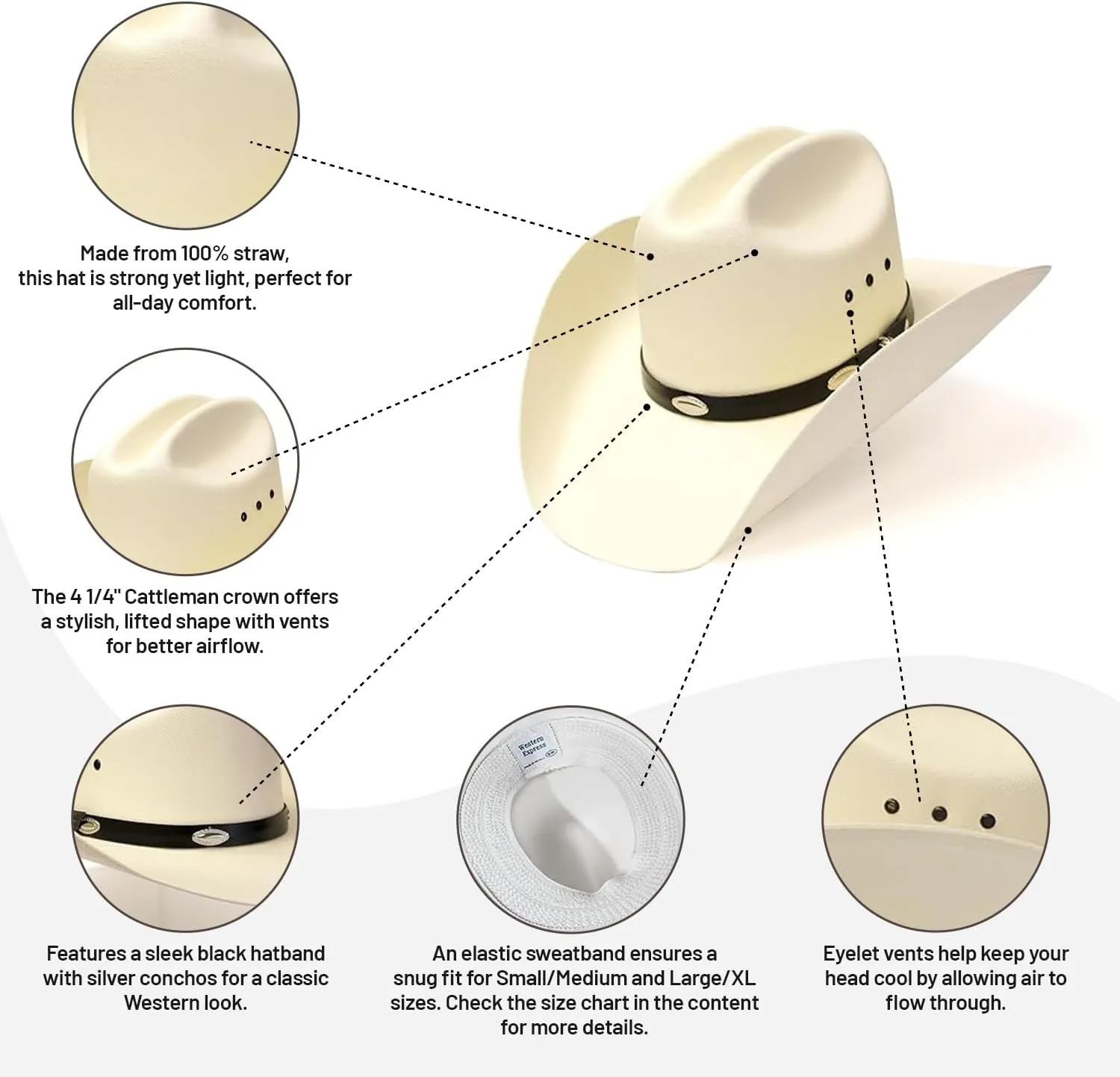 Western Express Natural Straw Cowboy Hat for Men and Women - Cattleman Style with Black Hat Band and Silver Conchos