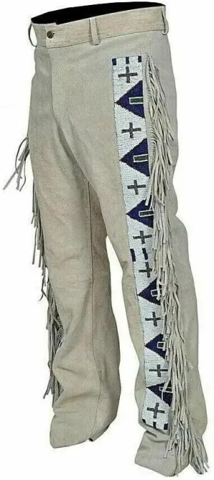 Western Suede Genuine Leather Pant Men Native American Buckskin Fringe Cowboy Pants Reenactment Mountain Trouser