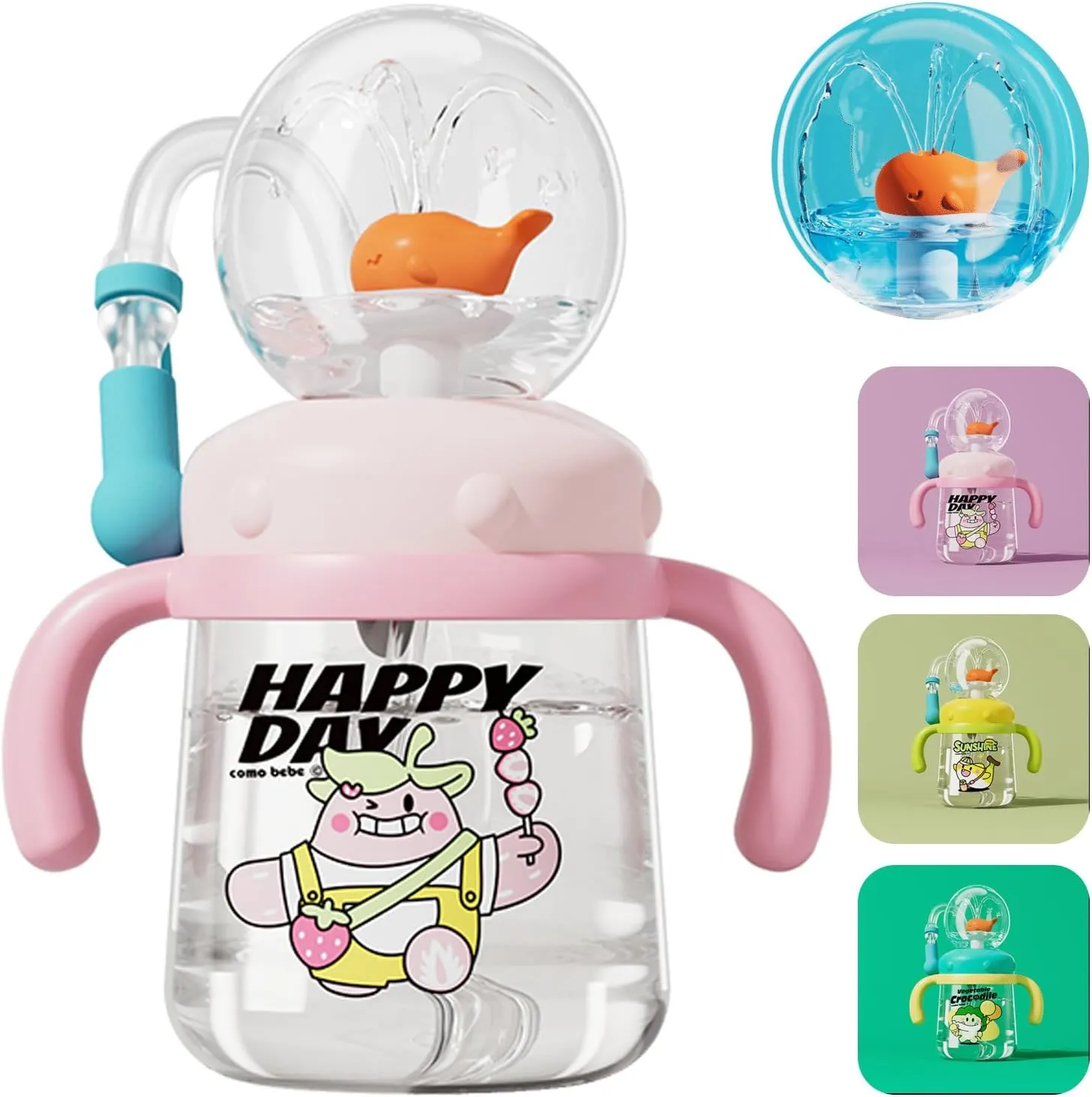 Whale Fountain Tumbler, Spill Proof Straw Cups for Toddlers Interactive Baby Straw Cup & Kids Weighted Sippy Cups, Fun Drinking Cup with Whale Squirt 300ml