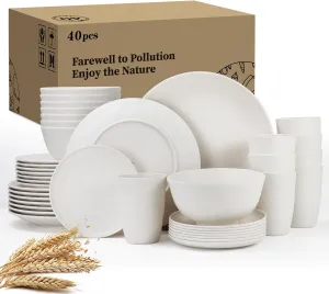 Wheat straw bowl and plate sets of 40 with cups for kids - Unbreakable plastic dinnerware sets service for 8 - Microwave and Dishwasher safe dish sets for kitchen and camping. White