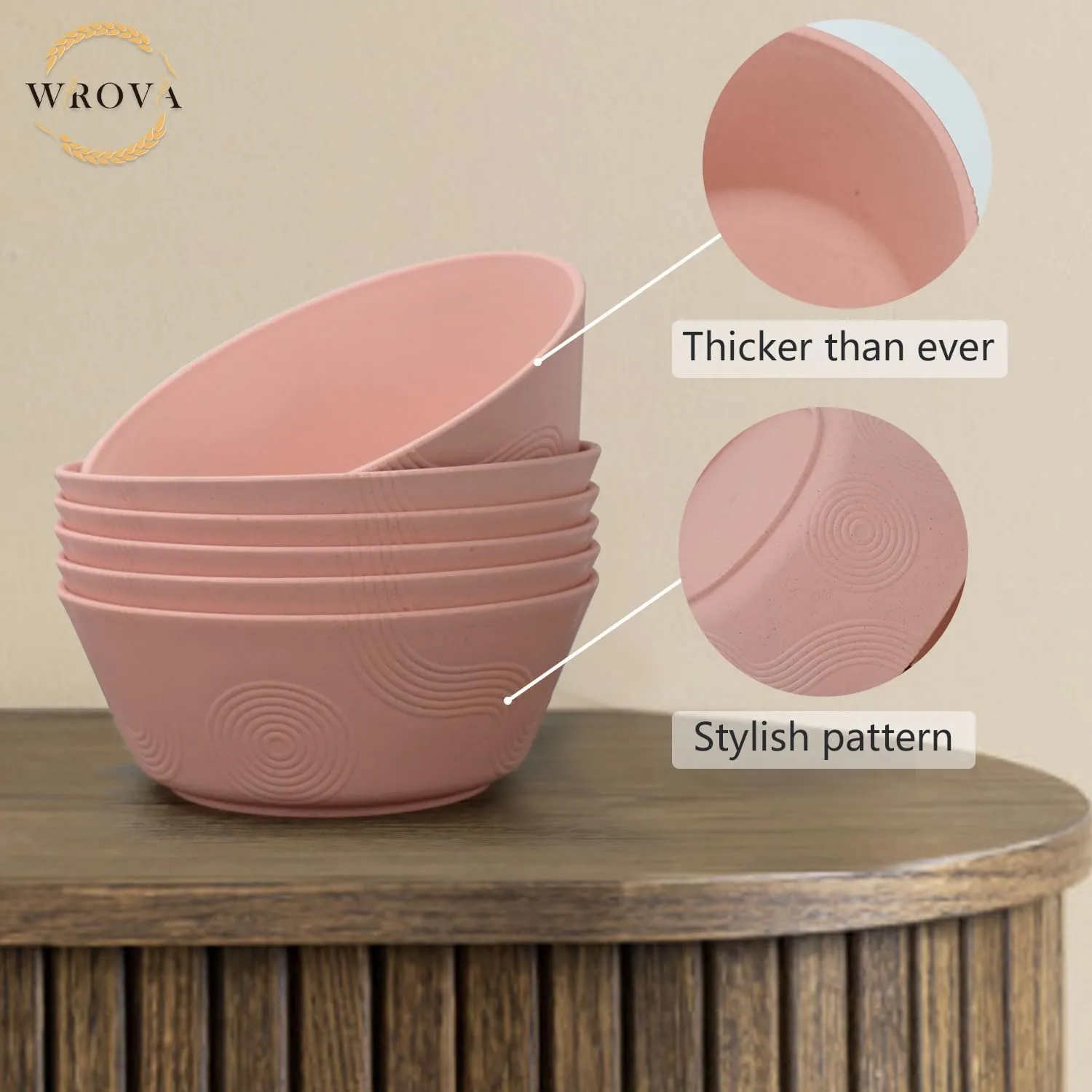 Wheat Straw Bowl Sets with textured pattern,6 PCS Unbreakable Cereal Bowl 36 OZ,Microwave and Dishwasher Safe Bowls,Soup Bowl Sets BPA Free for Salad (sakura pink