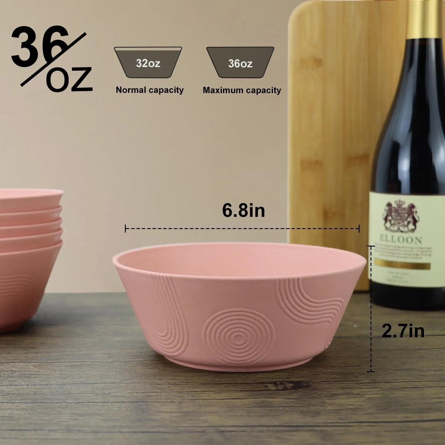 Wheat Straw Bowl Sets with textured pattern,6 PCS Unbreakable Cereal Bowl 36 OZ,Microwave and Dishwasher Safe Bowls,Soup Bowl Sets BPA Free for Salad (sakura pink