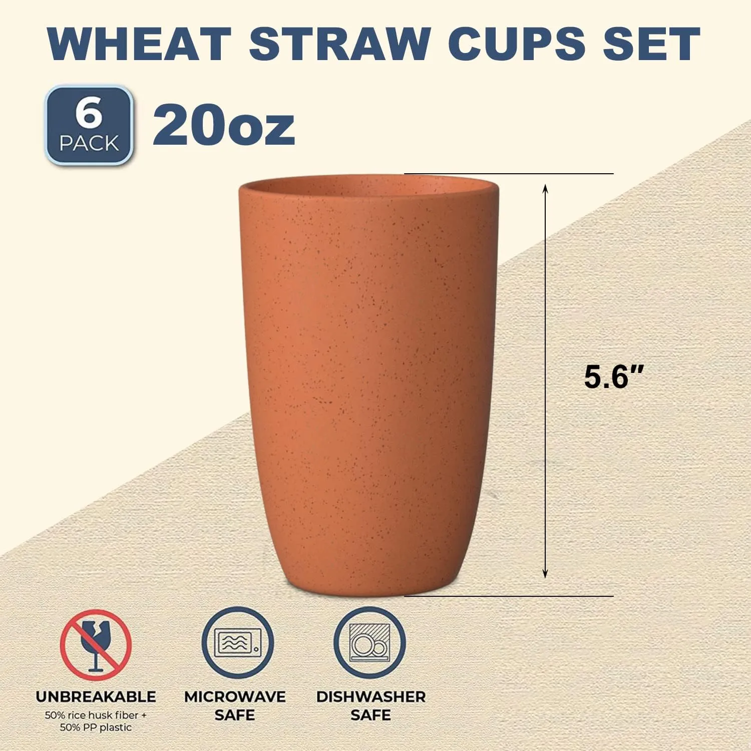 Wheat Straw Cups 6 PCS Good Alternative to Plastic Reusable Cups 20 oz Unbreakable Drinking Cup Reusable Dishwasher Safe Water Plastic Glasses Orange