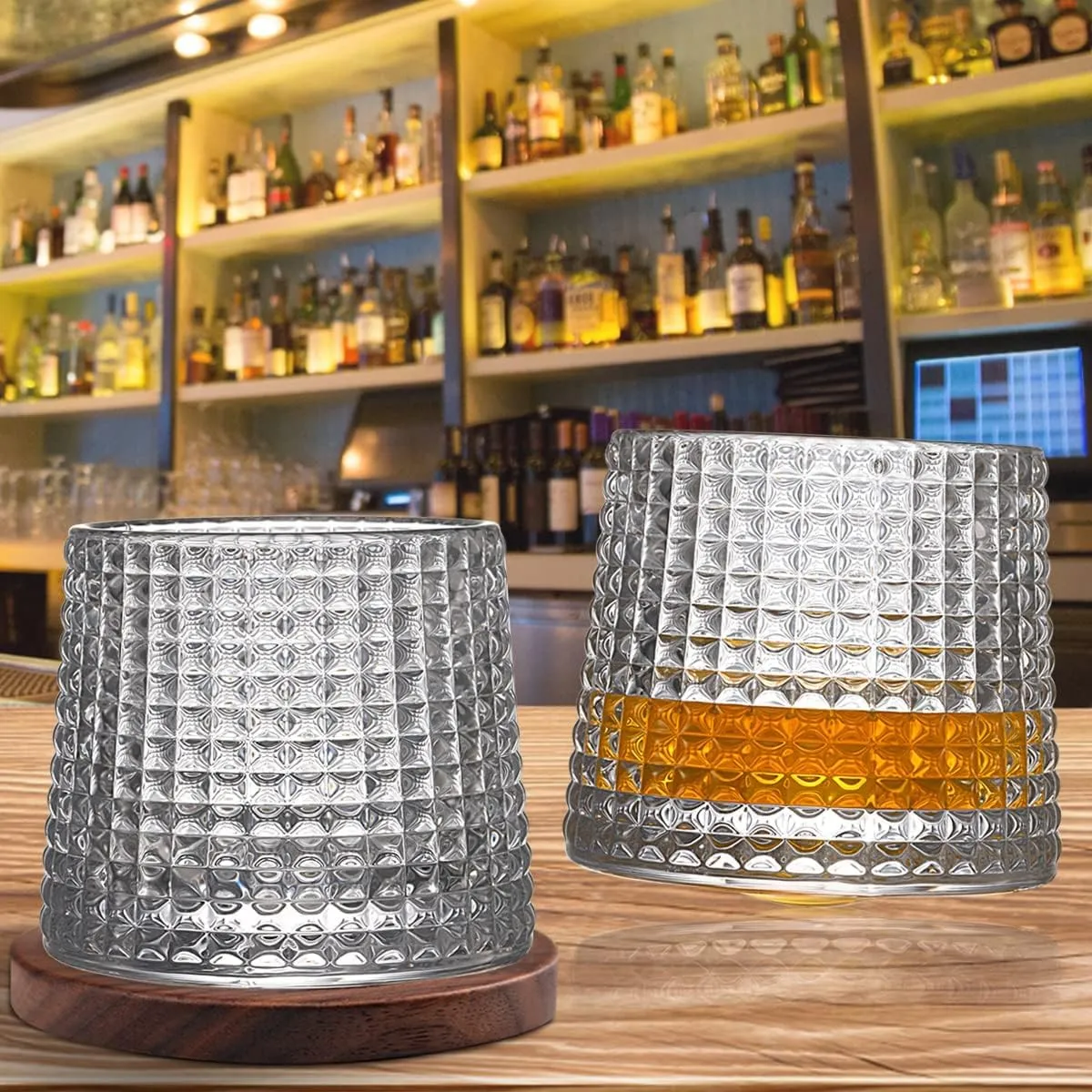 Whiskey Glasses Set of 2, Rotatable Tumbler Crystal Glass Cups, Drinking Glasses with 2Pcs Creative Walnut Coasters and Gift Box - for Scotch,Bourbon,Cocktails