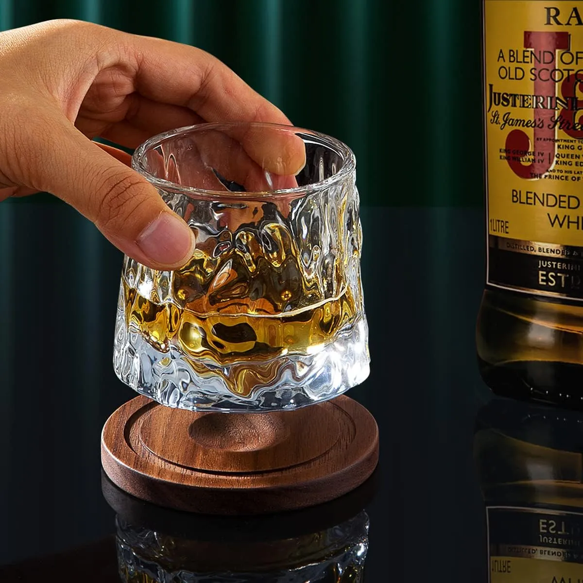 Whiskey Glasses Set of 2, Rotatable Tumbler Crystal Glass Cups, Drinking Glasses with 2Pcs Creative Walnut Coasters and Gift Box - for Scotch,Bourbon,Cocktails