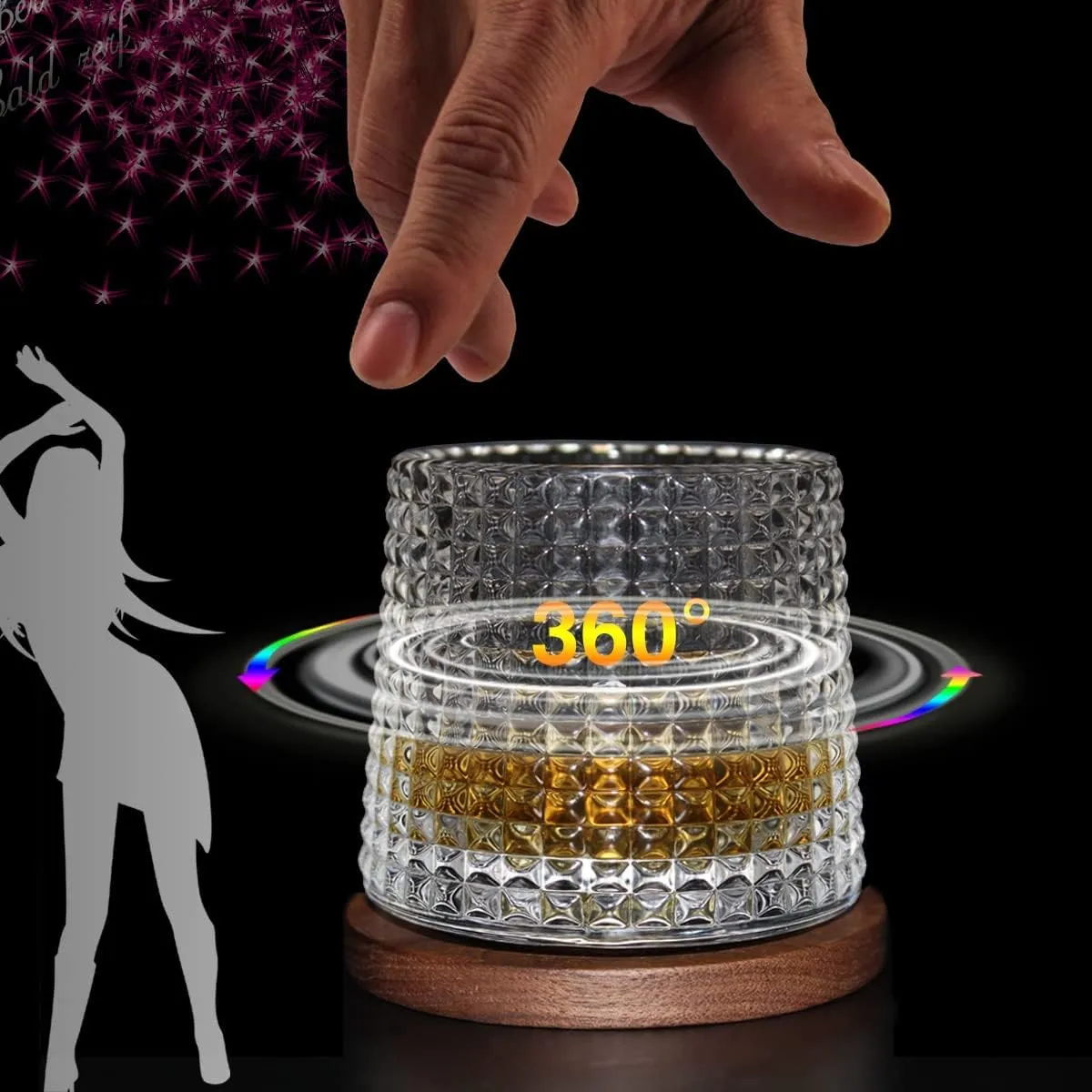 Whiskey Glasses Set of 2, Rotatable Tumbler Crystal Glass Cups, Drinking Glasses with 2Pcs Creative Walnut Coasters and Gift Box - for Scotch,Bourbon,Cocktails