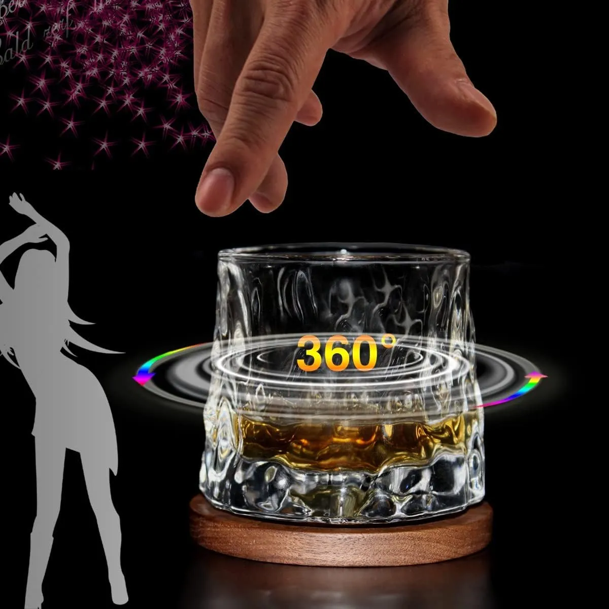 Whiskey Glasses Set of 2, Rotatable Tumbler Crystal Glass Cups, Drinking Glasses with 2Pcs Creative Walnut Coasters and Gift Box - for Scotch,Bourbon,Cocktails