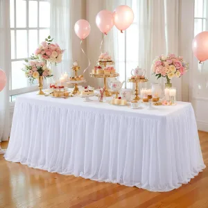 White Tulle Tablecloth for 6 Foot Rectangle Tables, Stretch Rectangular Table Cloths with Tutu Skirt Wrinkle Free Ruffle Table Cover for Birthday Party Banquet Wedding Cake Event Decorations