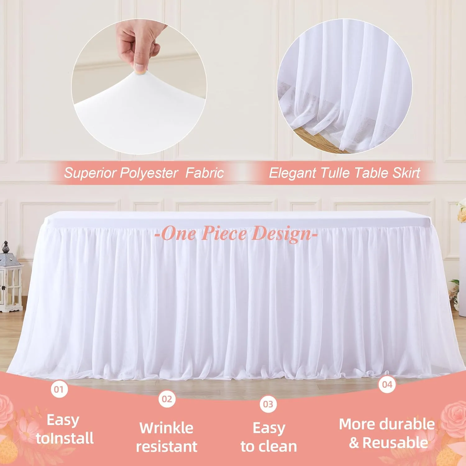 White Tulle Tablecloth for 6 Foot Rectangle Tables, Stretch Rectangular Table Cloths with Tutu Skirt Wrinkle Free Ruffle Table Cover for Birthday Party Banquet Wedding Cake Event Decorations