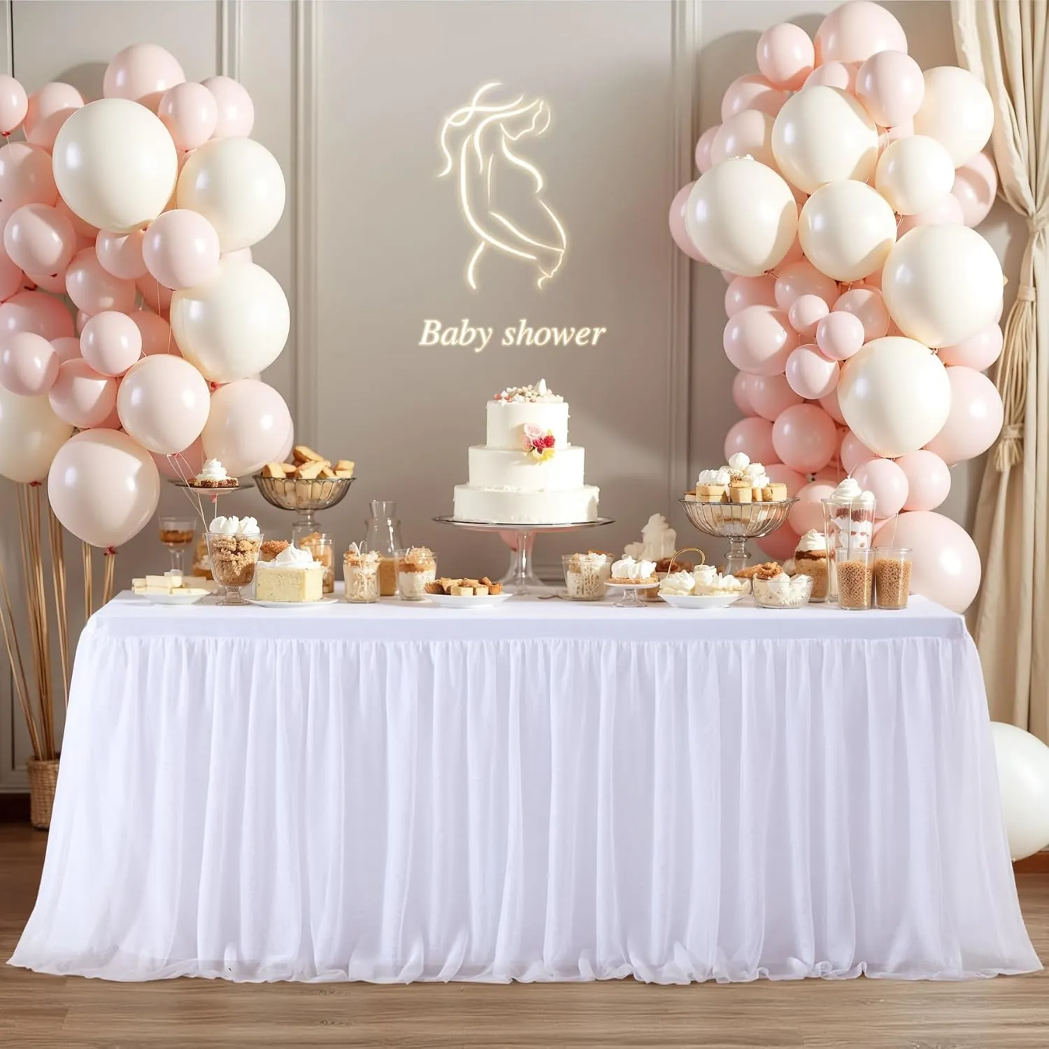 White Tulle Tablecloth for 6 Foot Rectangle Tables, Stretch Rectangular Table Cloths with Tutu Skirt Wrinkle Free Ruffle Table Cover for Birthday Party Banquet Wedding Cake Event Decorations