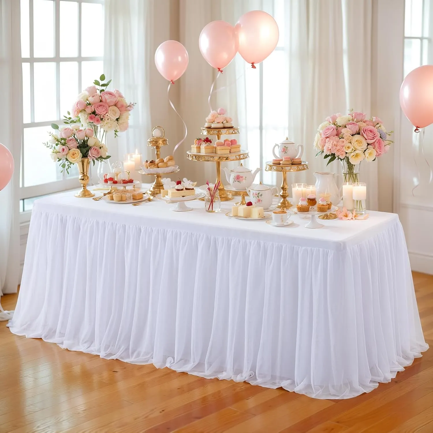 White Tulle Tablecloth for 6 Foot Rectangle Tables, Stretch Rectangular Table Cloths with Tutu Skirt Wrinkle Free Ruffle Table Cover for Birthday Party Banquet Wedding Cake Event Decorations