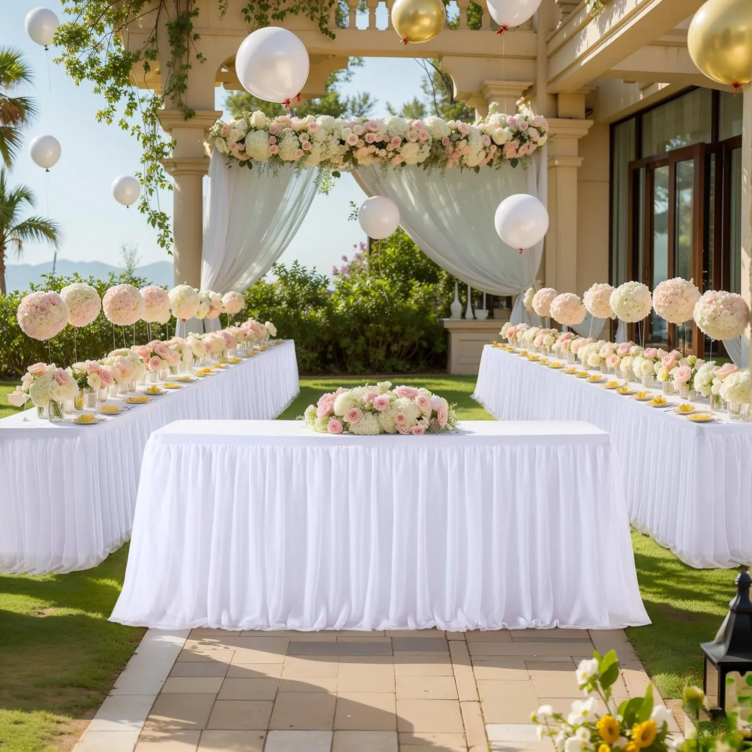 White Tulle Tablecloth for 6 Foot Rectangle Tables, Stretch Rectangular Table Cloths with Tutu Skirt Wrinkle Free Ruffle Table Cover for Birthday Party Banquet Wedding Cake Event Decorations
