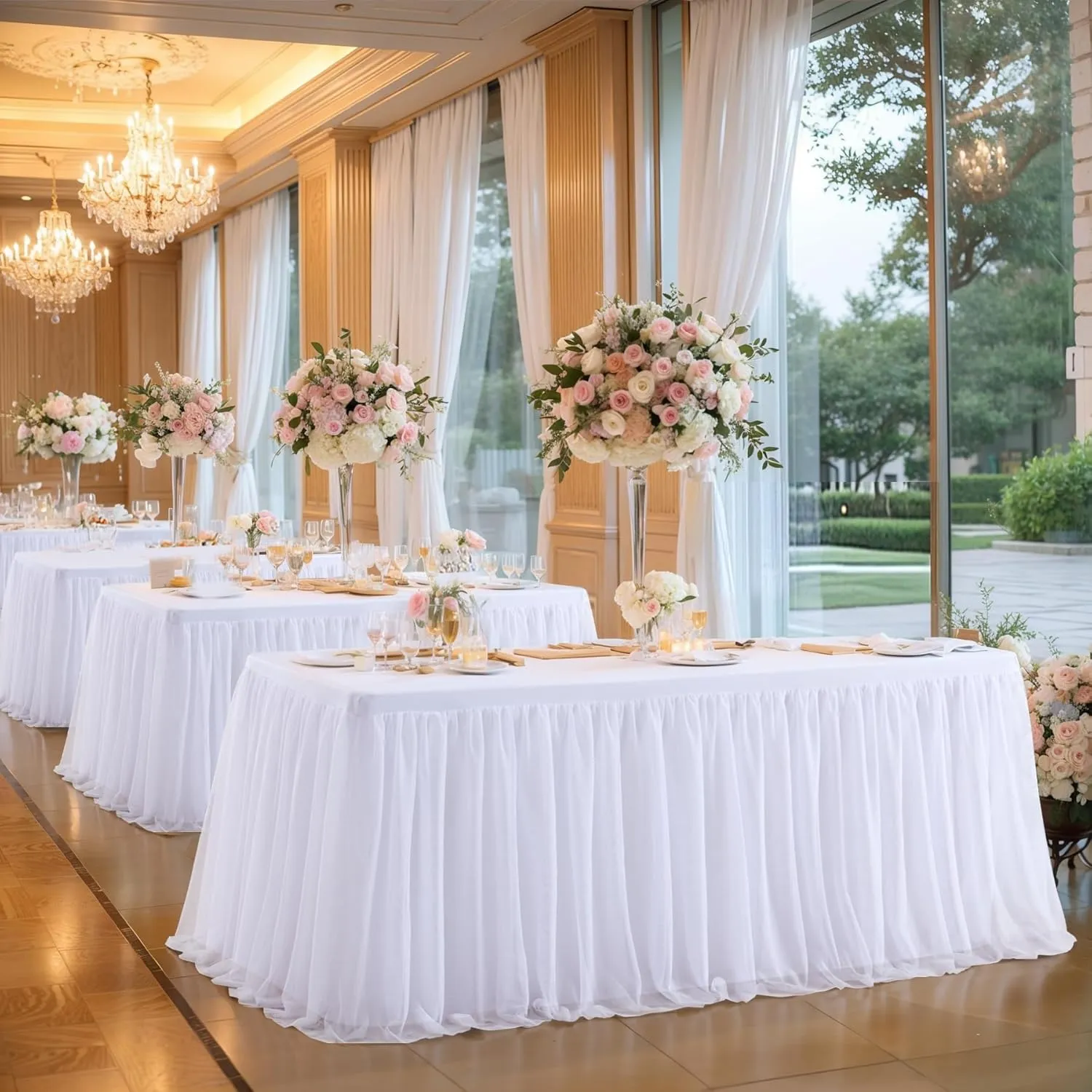 White Tulle Tablecloth for 6 Foot Rectangle Tables, Stretch Rectangular Table Cloths with Tutu Skirt Wrinkle Free Ruffle Table Cover for Birthday Party Banquet Wedding Cake Event Decorations