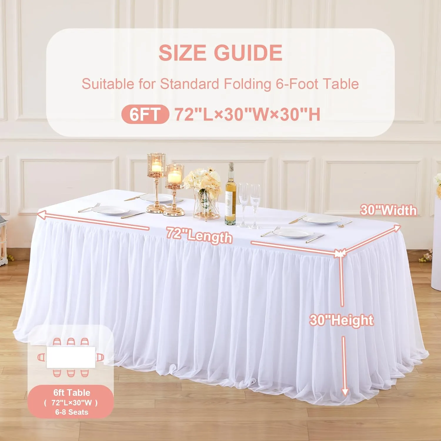White Tulle Tablecloth for 6 Foot Rectangle Tables, Stretch Rectangular Table Cloths with Tutu Skirt Wrinkle Free Ruffle Table Cover for Birthday Party Banquet Wedding Cake Event Decorations